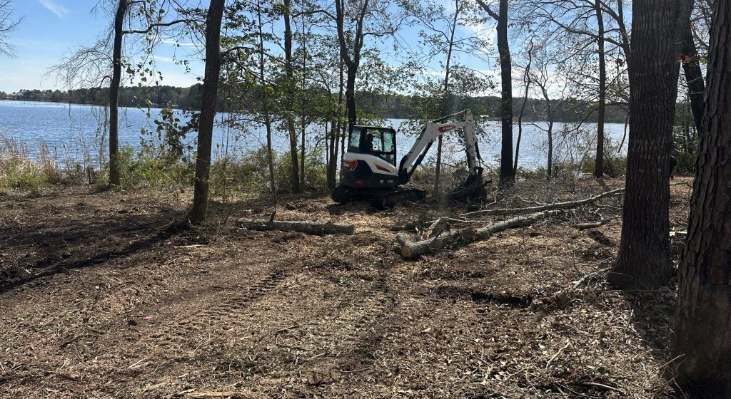 A white vehicle is clearing tree at the side of the sea.